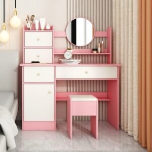 | Table de maquillage avec rangement pour chambre à coucher, rose et blanc.