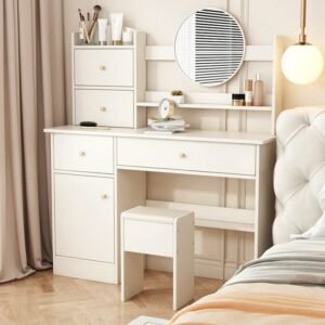 Table de maquillage avec rangement pour chambre à coucher, blanc.